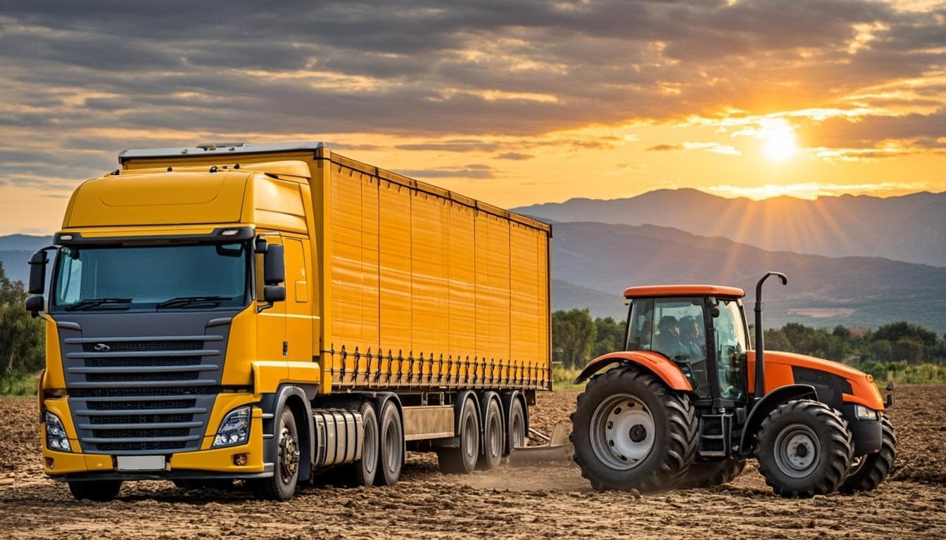 Tractocamión y tractor agrícola en zona rural al atardecer